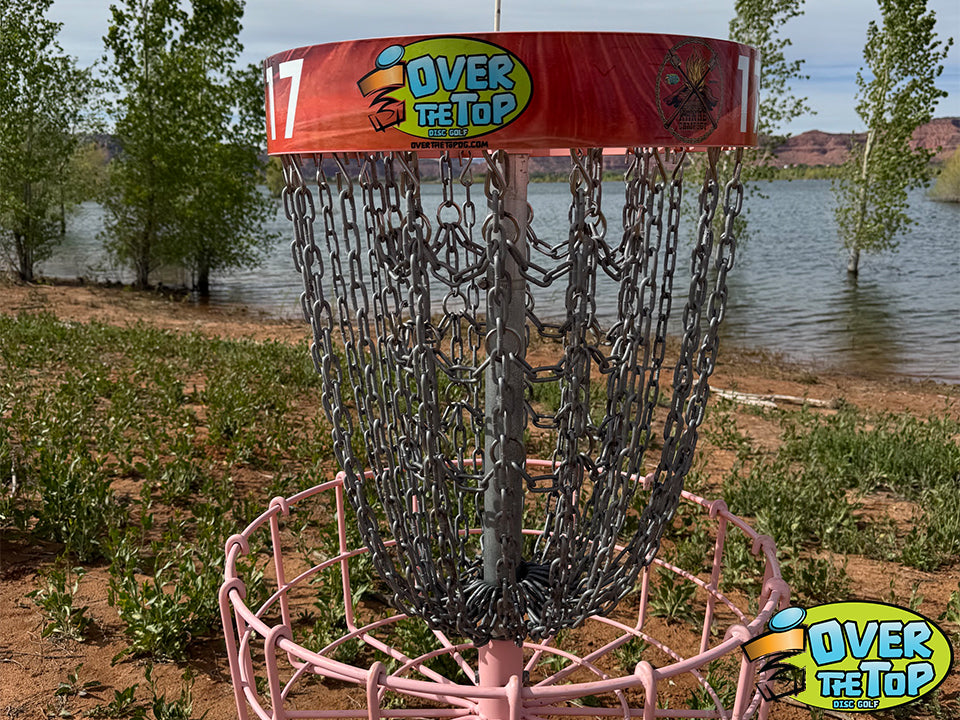 Custom Over The Top branded disc golf basket band wrap