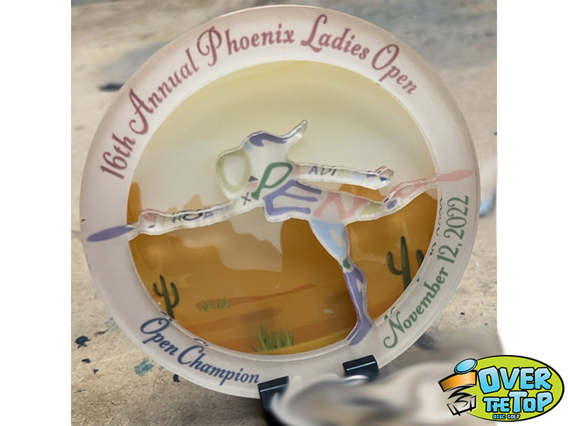 Custom disc golf trophy built by Over The Top Disc Golf